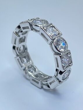 Silver Diamond White CZ Eternity Band Mixed Shape Bezel Set Stackable Ring